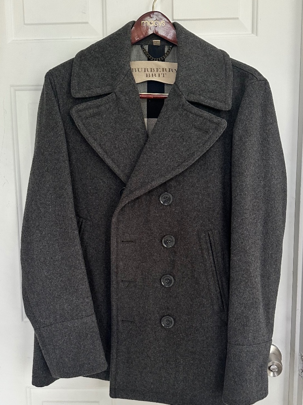 Men’s Burberry Brit Men's Double Breasted Wool Pea Coat Grey Nova Check Lining X